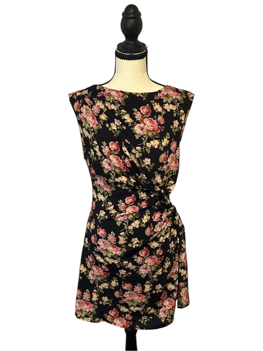 Fore Floral Print Side Twist Black High Neck Mini Dress Sz S